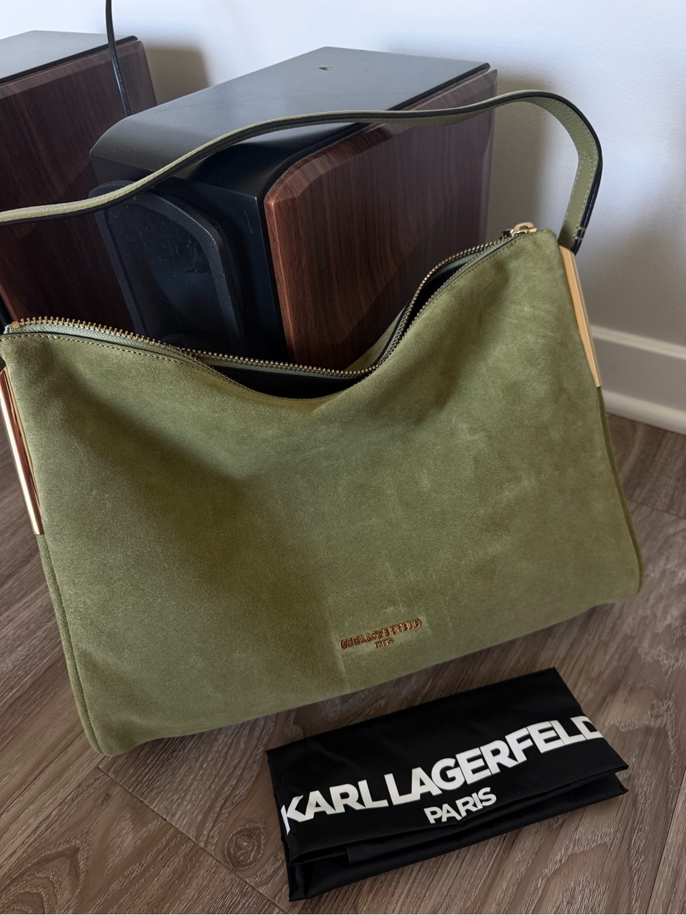 Karl Lagerfeld Olive Suede Shoulder Bag with Gold Accents